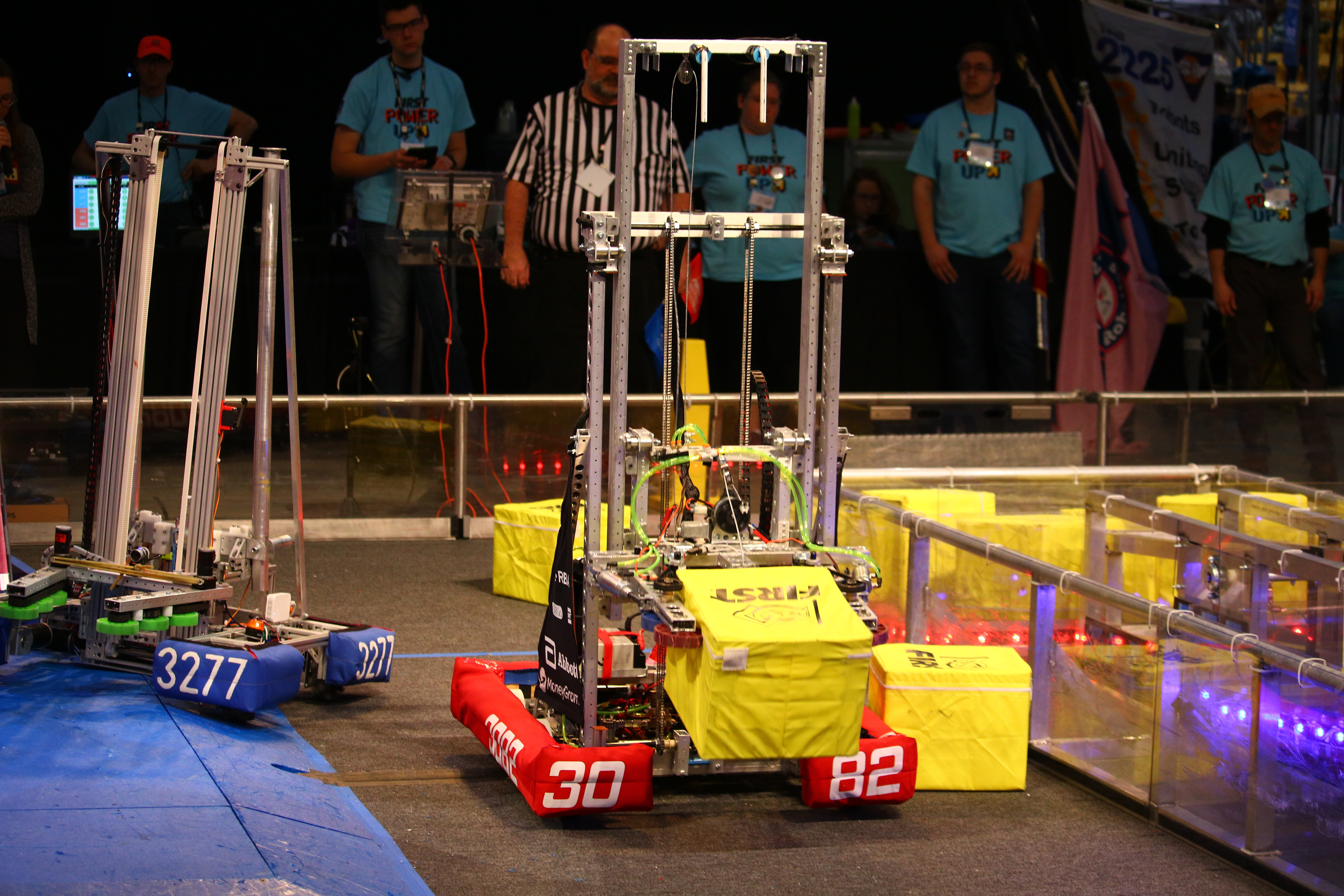 Team 3082's robot for 2018 carrying a game piece.